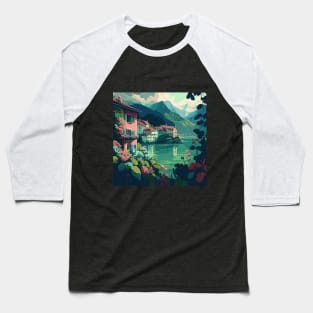 Pastel Lakeside Town Baseball T-Shirt